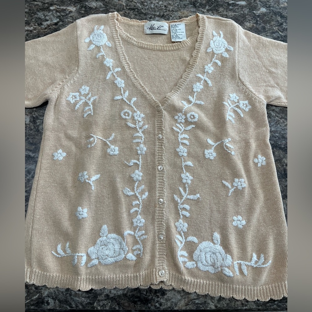 Kathie Lee Collection Beige Cardigan with White Floral Embroidery